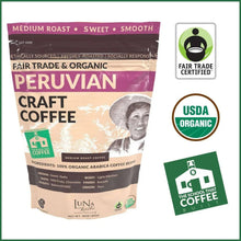 Organic Peruvian craft coffee bag with Fair Trade Certified and USDA Organic seals