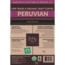 Organic Peruvian craft coffee bag back panel with ingredients and coffee should be fresh