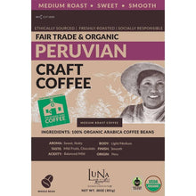 Organic Peruvian craft coffee bag front with roast level and fair trade details