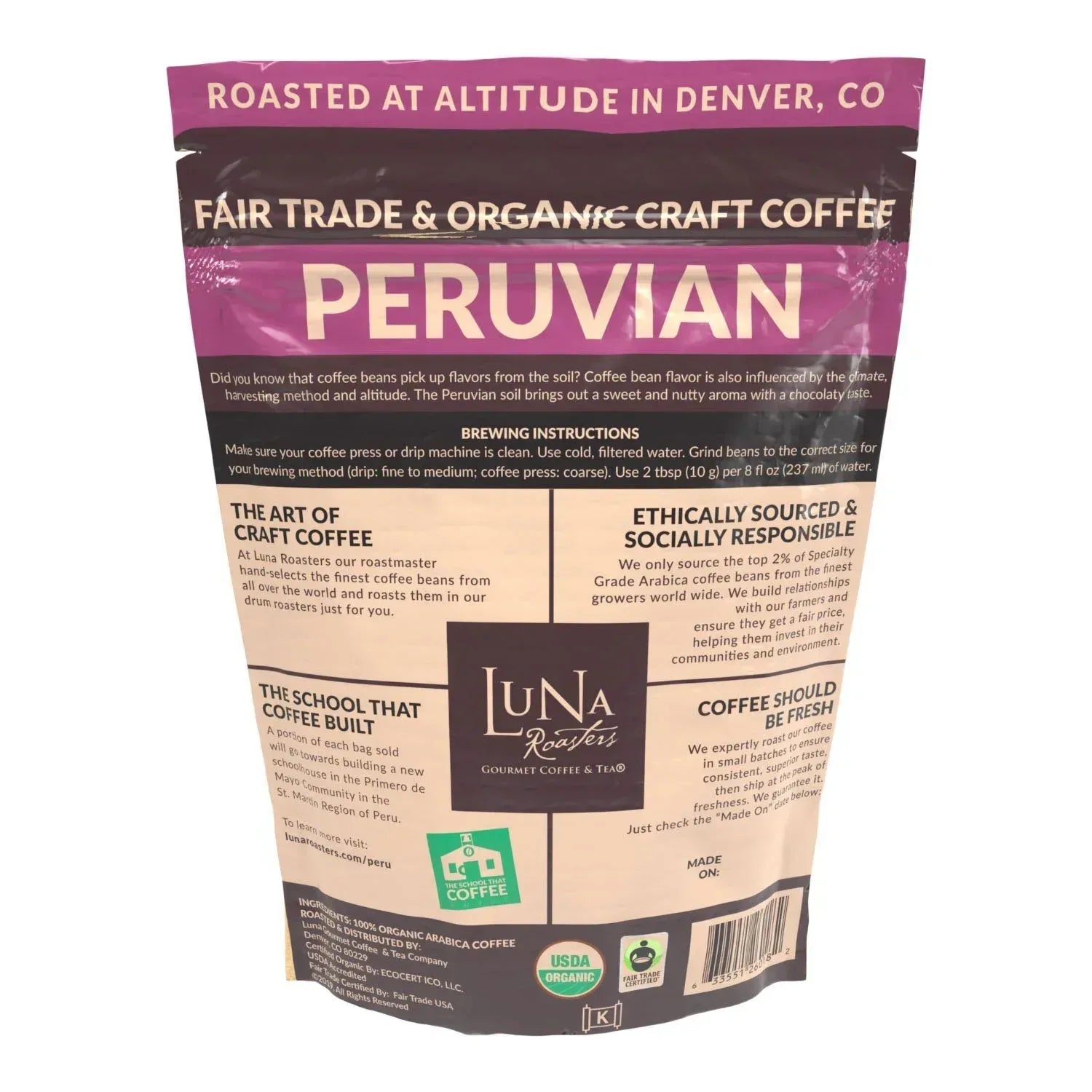 Luna Roasters Medium Roast Organic Peruvian Whole Bean Coffee, 30 oz.