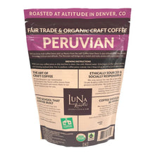 Organic Peruvian craft coffee bag back with brewing instructions and sourcing info