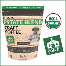 Luna Roasters coffee bag with USDA Organic seal and School that Coffee Built logo, beige