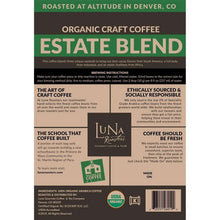 Luna Roasters coffee bag back panel, brewing and sourcing text on beige and dark