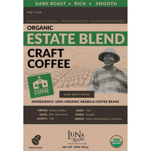 Luna Roasters dark roast coffee bag front, organic estate blend craft, beige and green