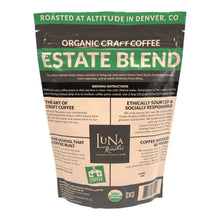 Luna Roasters coffee bag back, organic craft estate blend dark roast info on beige and dark