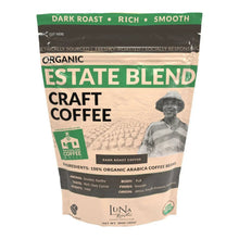 Luna Roasters dark roast coffee bag, organic estate blend whole beans, beige and green