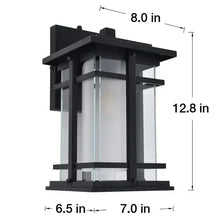 Black outdoor LED wall lantern dimensions view with rectangular frame and glass panels