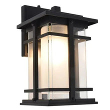 Black outdoor LED wall lantern with open rectangular frame and frosted glass panels