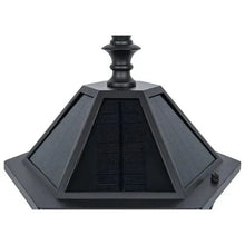 Black solar post light top showing built-in solar panel and central light housing