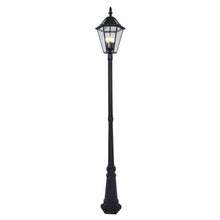 Black lantern solar post light with clear glass panels and decorative top cap