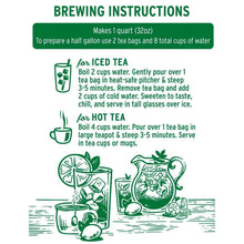 Brewing instructions for iced and hot decaffeinated tea, makes 1 quart