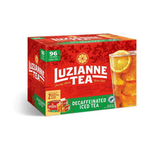 Luzianne decaffeinated iced tea box, 96 tea bags, upright view