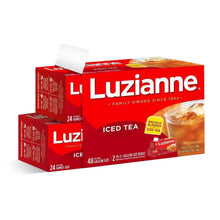 Iced tea tea bag boxes stacked, red Luzianne packaging for 48-gallon size