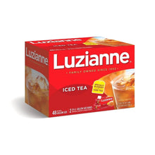 Iced tea tea bag box, red packaging with Luzianne brand and 48-gallon size