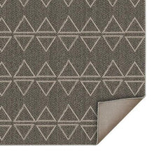 Dark jute runner rug close-up with woven texture and repeating triangle pattern edge.