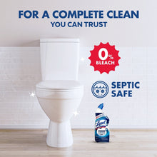 Toilet and small Lysol toilet bowl gel cleaner bottle with 0% bleach badge