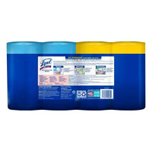 Disinfecting wipes variety pack, two tubs with blue bodies and yellow tops