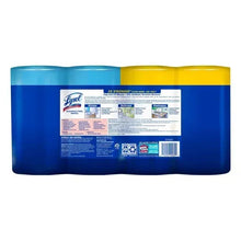 Disinfecting wipe variety pack, back view with blue and yellow canisters