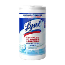 Disinfecting wipes canister, white with blue band and front label