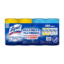 Disinfecting wipes variety pack tub, blue with yellow lid and front label