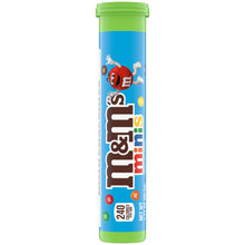 Milk chocolate M&M's Minis tube with green cap, blue label with m character