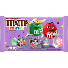 Purple M&M's Minis chocolate candy bag with Easter-themed graphics