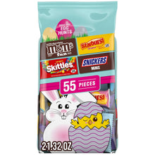 Easter candy bag showing 55 pieces with M&M's, Skittles, Starburst, Snickers