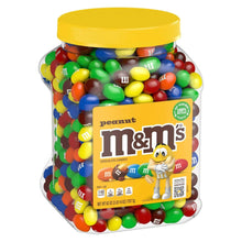Peanut M&M’s candy jar front view with colorful candies and yellow lid