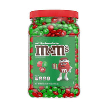Red and green milk chocolate candy jar with M&Ms logo and holiday character