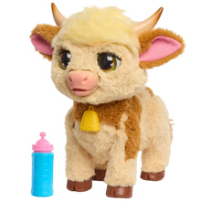 Cream and brown plush cow with pink ears, yellow nose bell, and black eyes