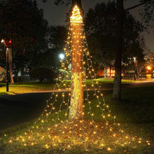 Warm white LED waterfall string lights with top tree star for outdoor yard