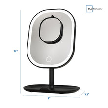 White LED makeup mirror with round light border, front swivel cover and black base