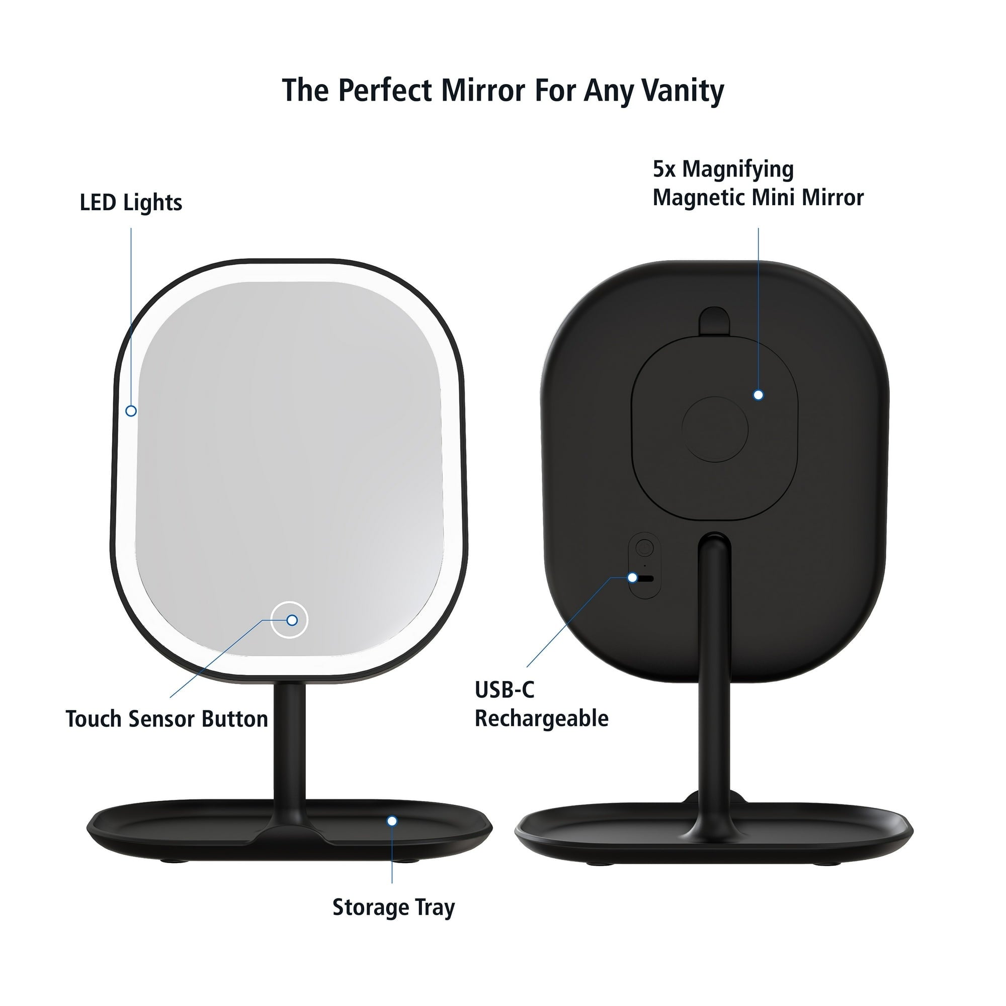 Mainstays LED Makeup Mirror, Rechargeable Vanity Mirror with Lights and Storage Tray Base