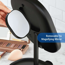 Black makeup mirror with 5x removable magnifying mirror attachment