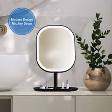 LED makeup mirror with white frame and dark base, front lighted ring