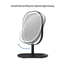 Black tilting vanity mirror stand with circular LED-lit viewing screen