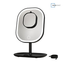 Rechargeable LED makeup mirror with black frame, base stand, and included cable