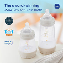MAM 9 oz anti-colic baby bottles, clear body and beige bases with cartoon graphics