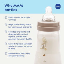MAM 9 oz anti-colic baby bottle with clear body and beige base, side view