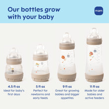 MAM baby bottle lineup showing a 9 oz bottle with beige base and clear nipple