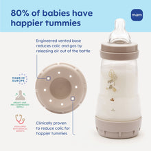 White baby bottle with clear anti-colic nipple and vented base, beige collar