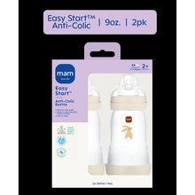Two-pack 9 oz Easy Start anti-colic baby bottles in package, matte white and taupe