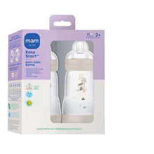Two-pack anti-colic baby bottle set in box, matte white bottle with taupe collar