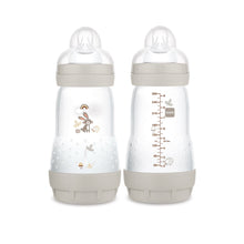Set of two 9 oz anti-colic baby bottles, matte white with taupe collars and caps