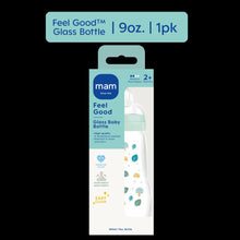 MAM Feel Good glass baby bottle box showing a 9 oz bottle with mint collar