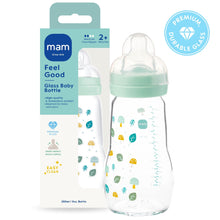 Clear glass baby bottle with mint collar and nipple, animal splash print, 9 oz