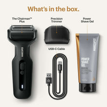 Shaving kit: electric foil shaver, precision trimmer, USB-C cable, power shave gel