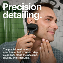 Precision trimmer attachment on neck line of electric face shaver