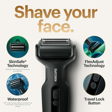 Electric foil face shaver with adjustable shaving head and control buttons
