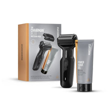 Electric foil face shaver with black handle and power button